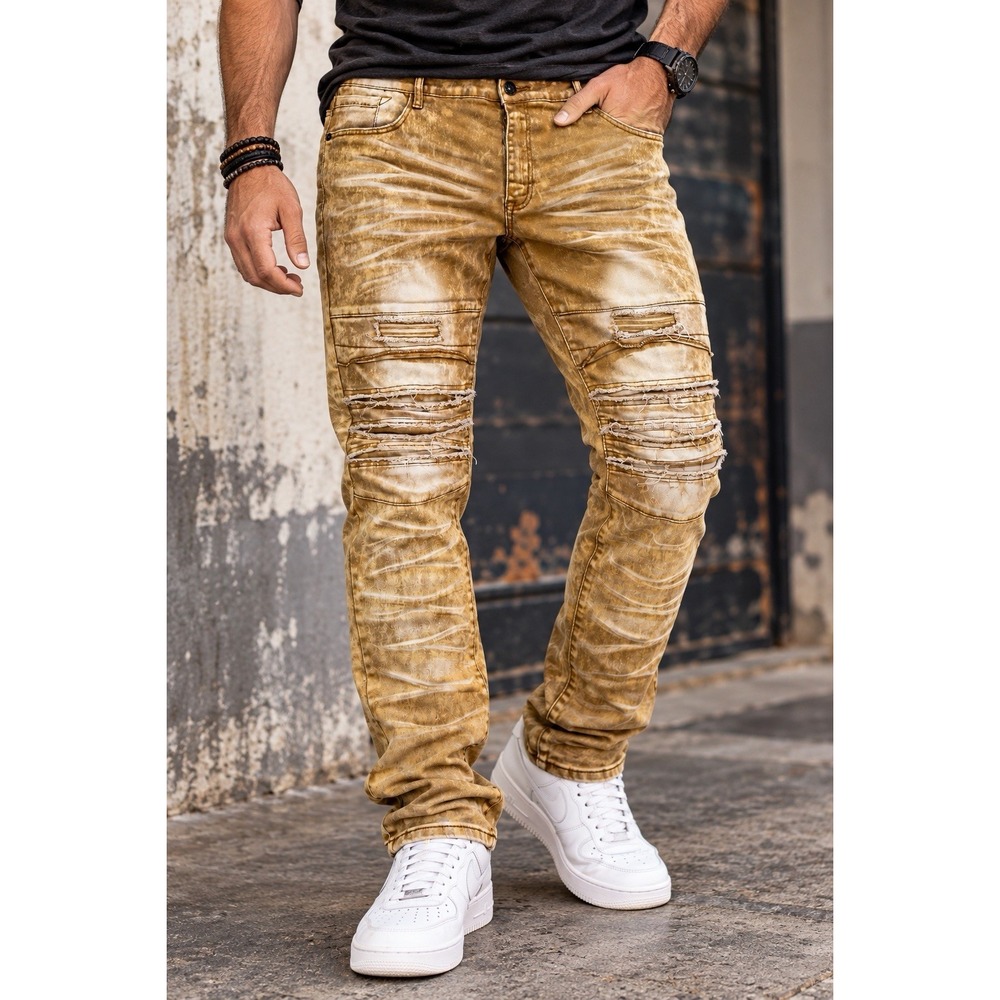 Smoke Rise Mens Jeans 44x32 Tan Distressed Moto Biker Acid Wash Streetwear